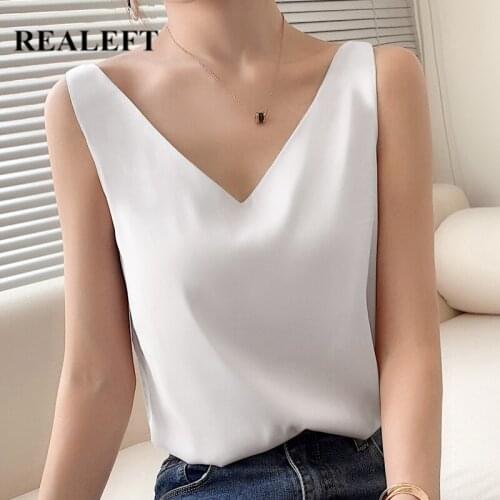 REALEFT 2021 New Summer Casual Womens Tank Elegant Solid Vest Bottoming Multicolors Female V-Neck Office Chiffon Tops Tee
