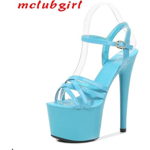 Mclubgirl Patent Leather Sandals Special High Heels Fine with Sexy Black Platform Heels Ultra-High Sandals Womens Summer LFD