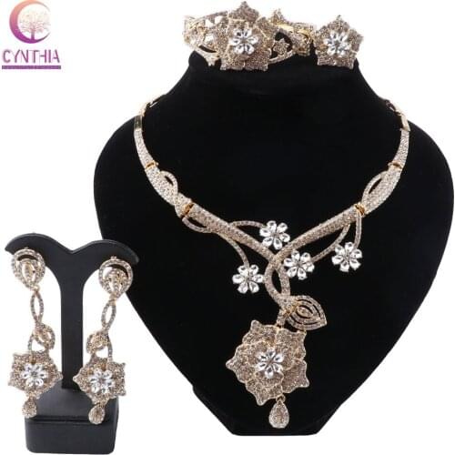 CYNTHIA Dubai Fashion Jewelry Sets Necklace Bracelet Flower Shape Pendant Earrings Ring Crystal Jewelry Dubai Bridal Wedding