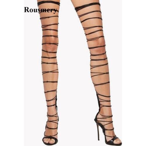 2018 Newest Women Fashion Straps Design Lace-up Black Gladiator Boots Over Knee Sexy High Heel Sandal Boots Evening Shoes