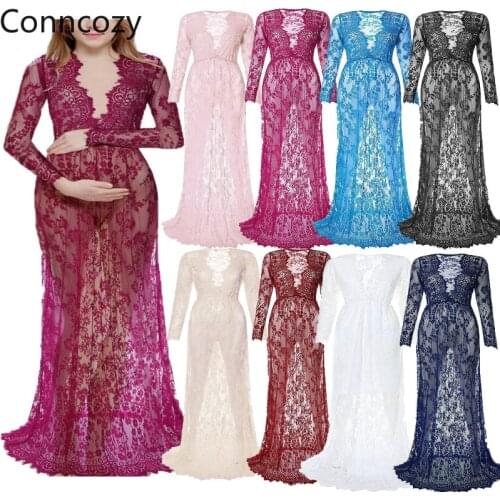 Maternity Clothings Sexy Deep V-neck Lace Dresses Long-sleeve See-through Long Dress White Red Pregnancy Dress Photo Shoot