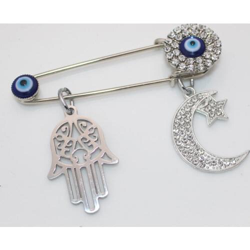 Persian Crescent Moon Star Amulet turkish evil eye hamsa hand of fatima brooch islam muslim baby pin