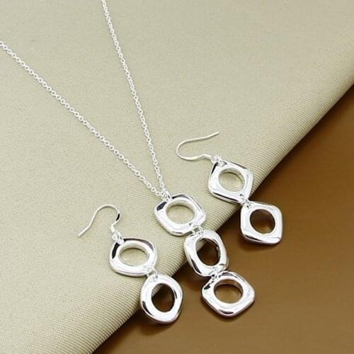 Silver Sets 925 Geometric Pendants Necklaces Earrings Set Women Jewelry Gift