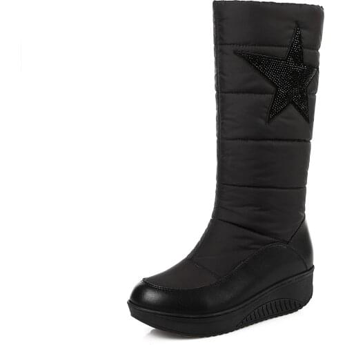 Womens Warm Faux Fur Lined Mid-Calf Knee-High Winter Snow Boots With White Black Platform Short Plush Boots For Women