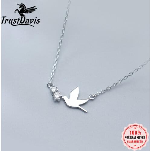 Trustdavis 100% 925 Solid Real Sterling Silver Jewelry Dove With CZ Pendant 40cm Short Necklace For Women Teen Girl Lady DS965