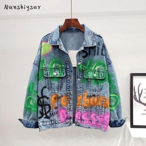 Autumn Fashion Women Letters Graffiti Print Harajuku Frayed Oversized Denim jacket Chaqueta Mujer Casual Female coats Streetwear