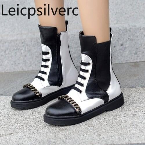 Womens Boots Autumn And Winter The New fashion Round head Color matching zipper Low-heeled Middle tube Womens shoes size 34-43