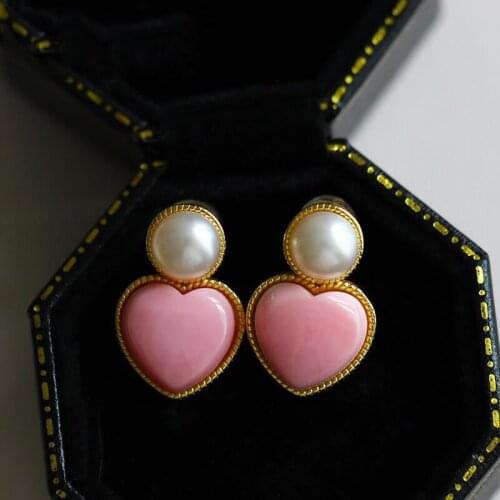 Inspired design ancient gold craftsmanship pink love heart-shaped pearl earrings exquisite temperament ladies jewelry