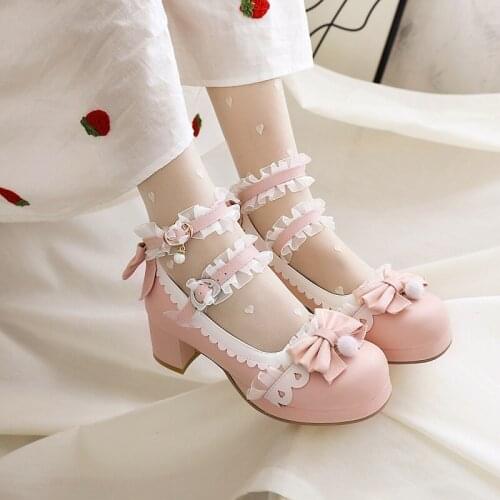 Spring thick high-heeled wild lace sweet Lolita single shoes college style fashion dance dress large size small size womens shoe