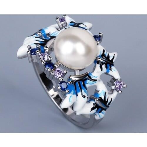 2021 New 925 Silver Rings For Women Freshwater Pearl Ring Blue Flower Womens Ring Exquisite Handmade Enamel Jewelry
