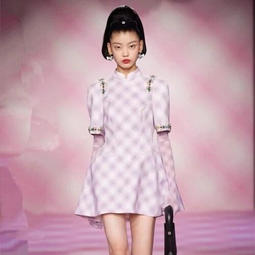 Fashion Dress Vintage Dress Stand-Up Collar Powder Puff Sleeves Crystal Beaded Cheongsam Pink Mini Plaid Dress for Women Party