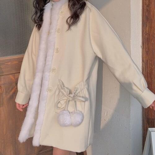Winter Japanese Girl Lolita Cloak Woolen Coat Sweet Girli Style Mid-Length Bag Hip Woolen Coat Lolita Fur Ball Tie Bow Jacket