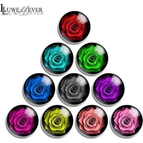 12mm 14mm 16mm 20mm 25mm 30mm 580 Rose Flower Mix Round Glass Cabochon Jewelry Finding 18mm Snap Button Charm Bracelet