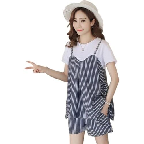 2Pcs/Set Maternity Set Sweet Pregnant Clothes Fashion Short Sleeve Tops Belly shorts for Pregnant Clothing