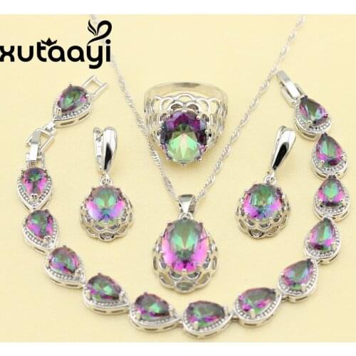 XUTAATI 4PCS Huge Multicolor Rainbow Cubic Zirconia Silver colorcolor Color Earrings Ring Necklace Pendant Bracelet
