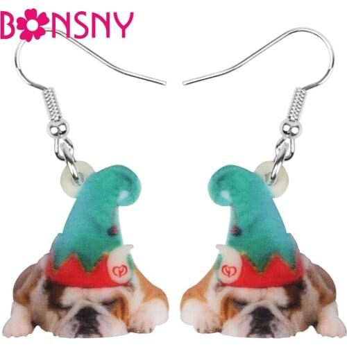 Bonsny Acrylic Christmas Hat Bulldog Dog Earrings Drop Dangle Animal Decoration Jewelry For Women Girls Teens Charms Accessories