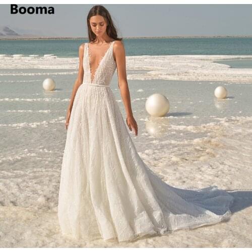 Booma Glitter Lace Beach Wedding Dresses Simple Plunging V-Neck A-Line Bride Dresses with Belt Sleeveless Tulle Wedding Gowns