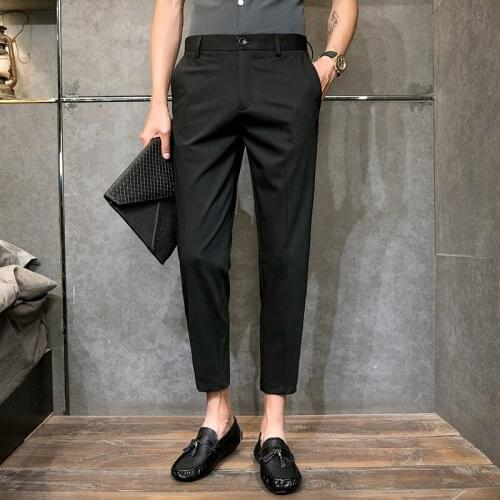 Summer Ankle Length Dress Pants Men Clothing 2021 Simple All Match Slim Fit Casual Office Trousers Formal Wear 36-28