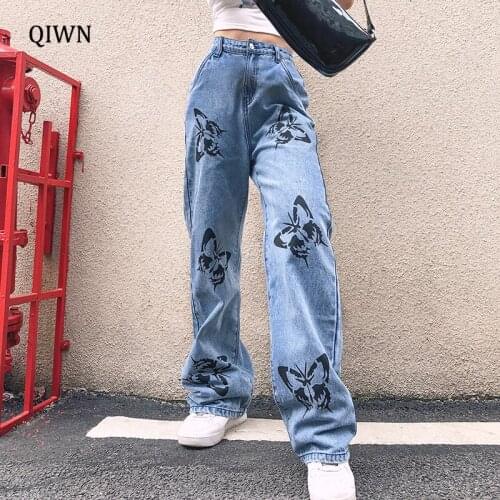 Butterfly Pattern Baggy Denim Pants Women Korean Fahion High Waist Wide Leg Trousers Casual Loose Plus Size Streetwear