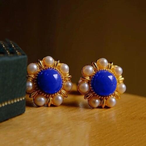 Designer original new ancient gold craftsmanship inlaid pearl sun flower lapis lazuli earrings ladies silver jewelry