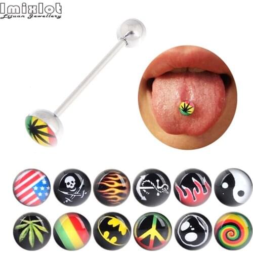 Imixlot 2 Pcs Surgical Steel Mix Pattern US Flag Cherry Fire Skull Leaf Tongue Piercing Barbell Tongue Ring Bar Body Jewelry