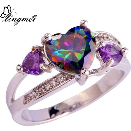 Lingmei Wedding Band Heart Romantic Noble Rainbow CZ White Silver ColorRing Size 6-10 New Popular Unisex Jewelry Wholesale