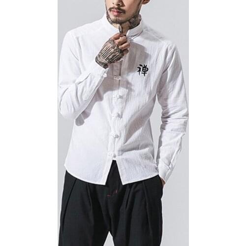 Linen Kung Fu Shirts Men Clothing Chinese Style Long Sleeve Retro Shirt Solid Tang Suit Stand Collar Loose Plus Size Tops KK3589