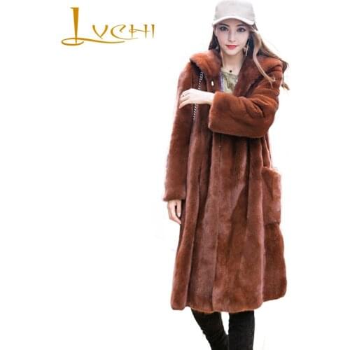 LVCHI Winter 2017Import Swan Velvet Real Mink Fur Coat Pocket Milk Womens Natural Fur With Fur Hood Loss Causal Long Mink Coats