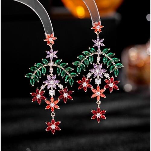 South Koreas New Trend Fashion Leaf Forest Feeling Natural Wind Color Gem Earrings Metal Copper Tassel Earrings Female