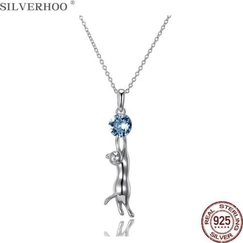 SILVERHOO 925 Sterling Silver Sexy Kitten Blue Crystal Pendant Necklace Attractive Kitty Women Chains Unique Fine Jewelry 2020