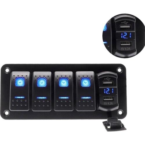 4 Gang Marine Switch Panel 12V with Digital Voltmeter Dual USB Port Outlet for cars, trucks, boats Cruises