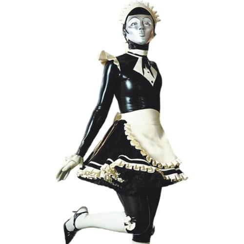 Sexy Latex Uniform Girl Dress One Set Rubber Fetish Latex Dresses with Apron and Headwear Size Customized S-LD290