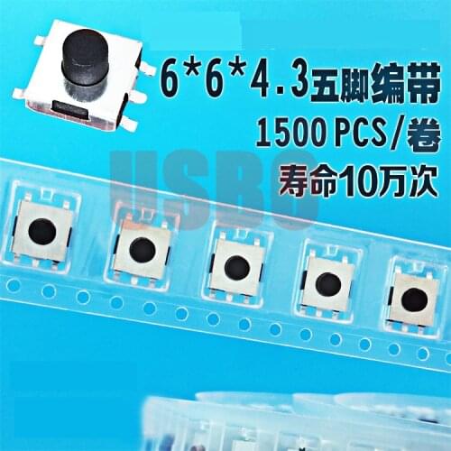 Taping Package Feather Touch Tact switch SMT Tape Type 5 Pins Push Button Switch 6*6*4.3