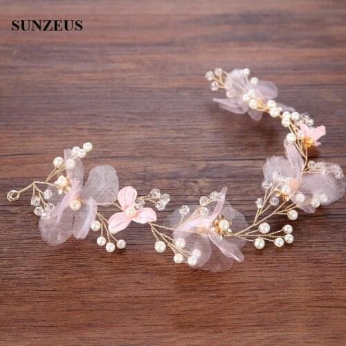 Pink Yarn Flowers Hair Band Gold Metal Bridal Head Chain Hand-made Pearls Headband Wedding Accessory New SQ0272