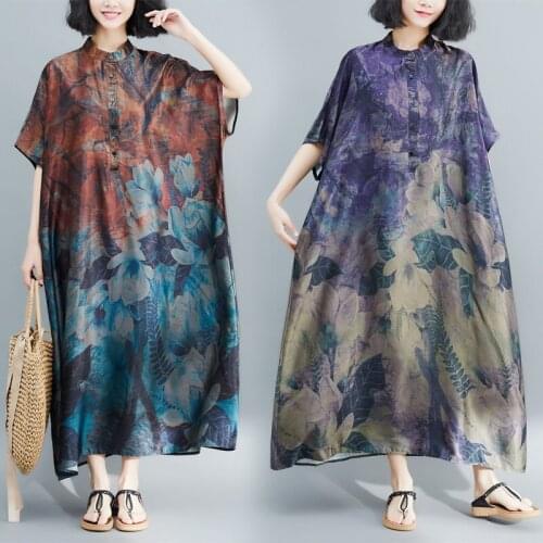 Chiffon silk Plus size floral Women Loose Long Summer Sun Shirt Dress 2020 New Vintage Elegant Female dresses Sundress vestidos