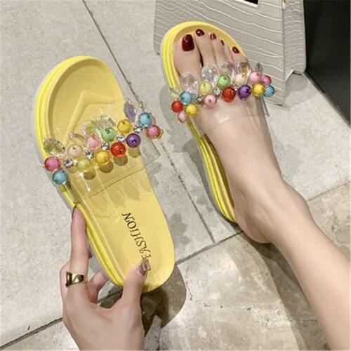 Slippers Womens 2021Summer New Fashion Wear Beaded Transparent Slides Thick Bottom Muffin Lazy Antiskid One Word Cool Shoes
