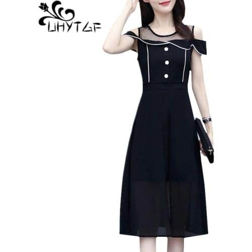 UHYTGF Korean 5XL plus size dress women fashion off strapless hollow summer dresses for women black thin elegant dress women 972