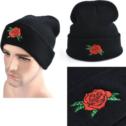 Beanies 2021 men women winter beanies hats rose flower embroidered lovers hat elastic acrylic high quality