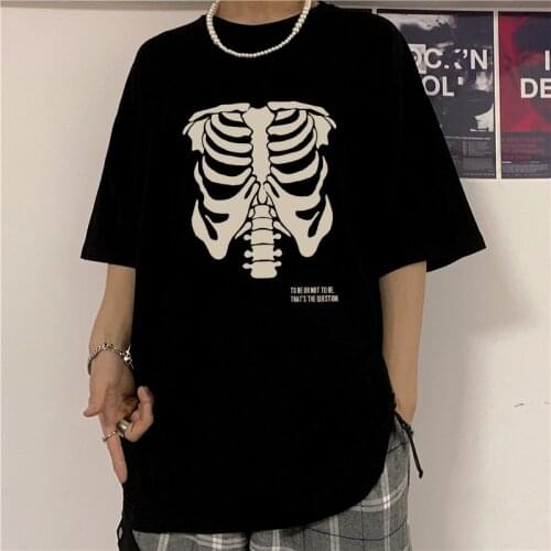 Hip hop Funny Graphic Skeleton Bone Print T shirt Men/Women Punk Vintage Unisex Oversize Streetwear Mens clothing T-shirt Tops