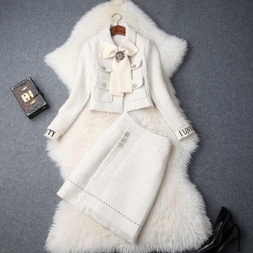 European and American womens 2019 winter clothing new bowknot Long sleeve coat + Fashion skirt Tweed suit