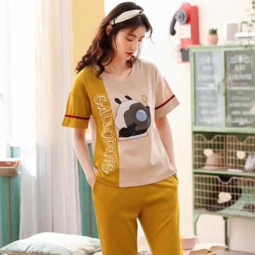 Women summer new cotton fresh and sweet Korean short sleeve trousers casual thin two piece women pajama sets pajamas pajama set