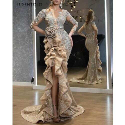 Women Dress Party Sequin Slim Dresses Bow Long Sleeve Banquet O-neck Lady Mesh Elegant Long Dinner Dress Lugentolo
