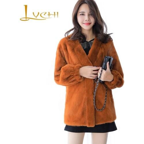 LVCHI Winter 2019 Import Swan Velvet Real Mink Fur Coat Natural Fur Causal Womens V-Neck Medium Loss Tight Sleeve Mink Coats