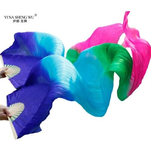 Handmade Dyed 100% Silk Dance Props Fans Belly Dance Fans Silk 1Pair Gradient Color Royal Blue+Turquoise+Green+Rose Fans 5 Sizes