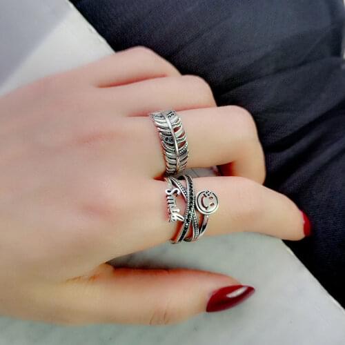 ANENJERY 925 Sterling Silver Vintage Multilayer Letter Smiling Face Feather Thai Silver Ring Adjustable Size Ring Jewelry S-R586
