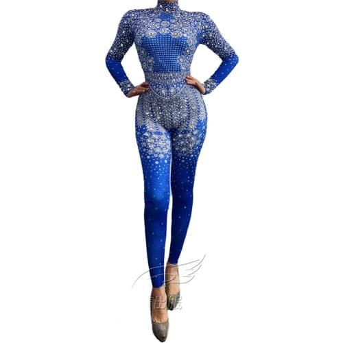 Sparkling Silver Rhinestone Jumpsuit Blue Long Sleeve One-Piece Wear Stage Costume Women Singer Dj Nightclub Rave Outfit VDB3565
