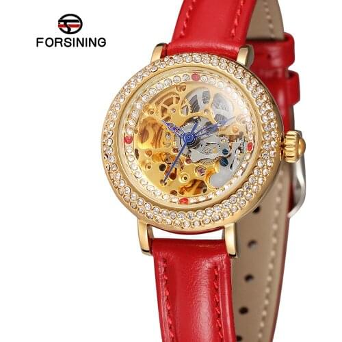 Forsining Mechanical Automatic Transparent Leather Strap Dress Ladies Clock Casual Women Skeleton Wristwatch Relojes hombre