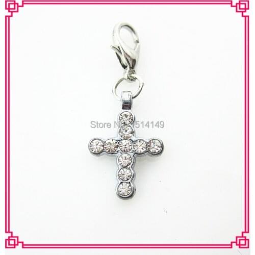 Hot selling 10pcs/lot rhinestone crystal cross charm dangle charms lobster clasp hanging charms diy jewelry charm