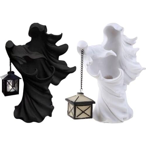 T5EF Halloween Hell Messenger with Lantern Resin Statue Ornament Realistic Scary Witch Ghost Sculpture Figurines Lamp Home