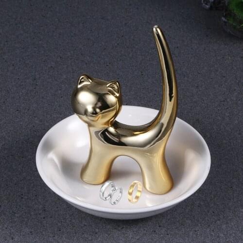 Golden Cat Ceramic Jewelry Storage Plate Organizer Decorative Ring Dish Tray Desktop Ornament for Bracelet Earring Necklace